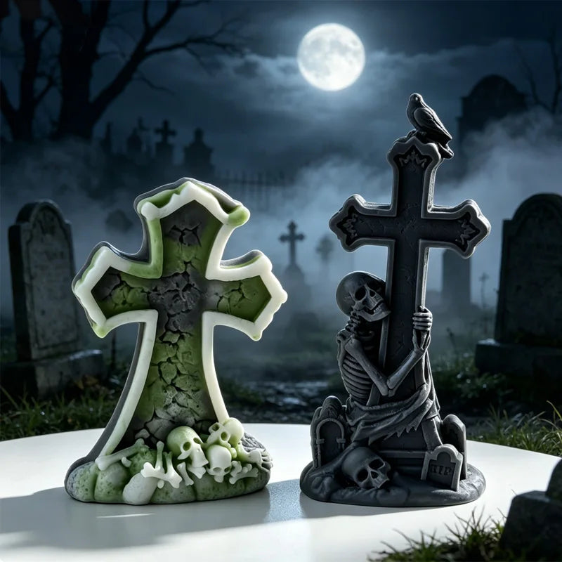 Skeleton Cross Tombstone Candle Mold | Gothic DIY Silicone Mould for Candles, Resin & Soap