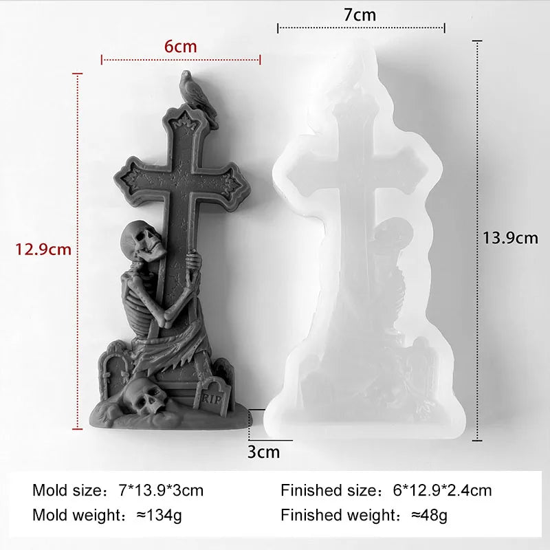 Skeleton Cross Tombstone Candle Mold | Gothic DIY Silicone Mould for Candles, Resin & Soap
