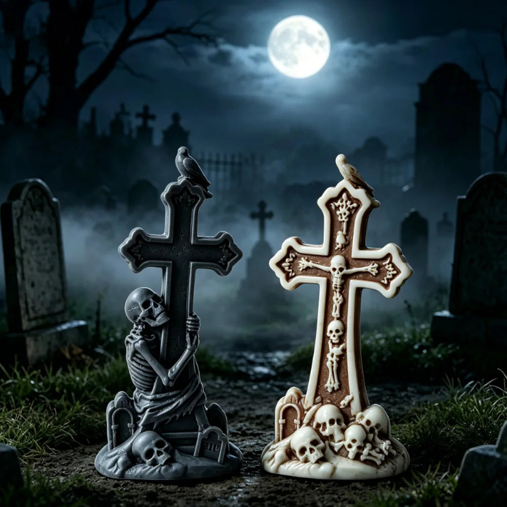 Skeleton Cross Tombstone Candle Mold | Gothic DIY Silicone Mould for Candles, Resin & Soap