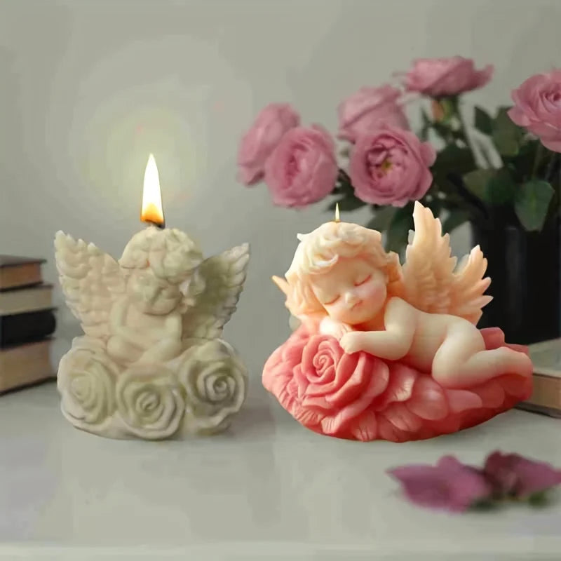 3D Cherub Angel & Rose Flower Silicone Candle Mold — DIY Winged Baby Angel Candle Resin & Gypsum Craft Mold