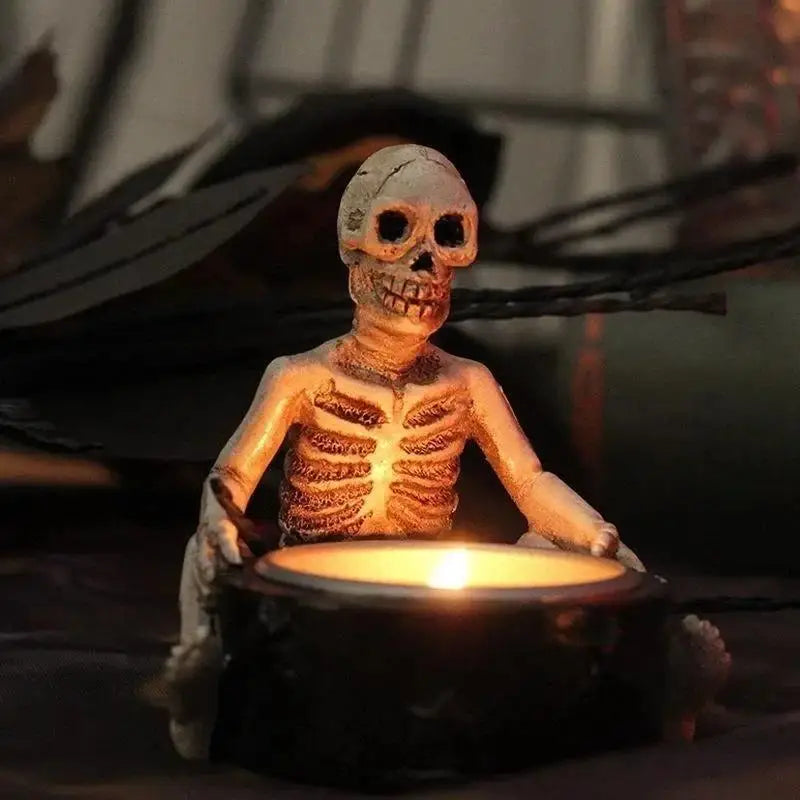 Gothic Skull Candle Holder — Retro Halloween Tea Light Cup | Dark Home & Desktop Decor