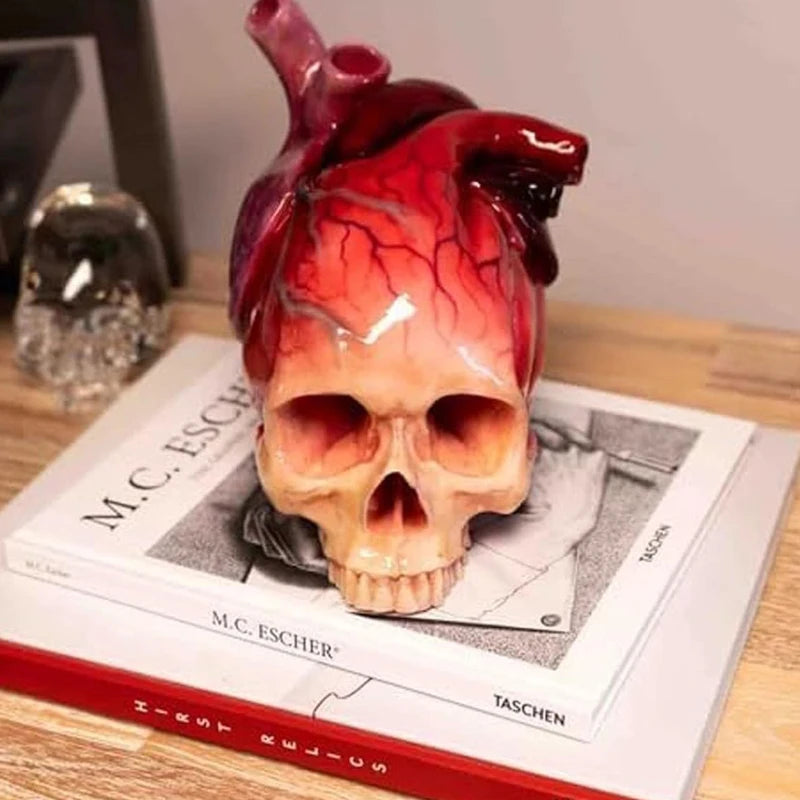 Skull Heart Resin Figurine — Gothic Fairy Tale Skull Statue for Dark Home & Desk Decor