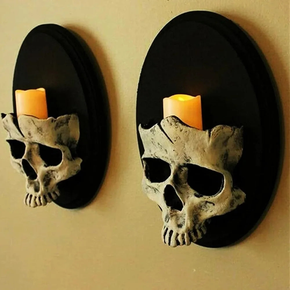 Skull Head Wall Sconce Candle Holder — Gothic Skeleton Wall Mounted Candlestick for Home & Bar Decor