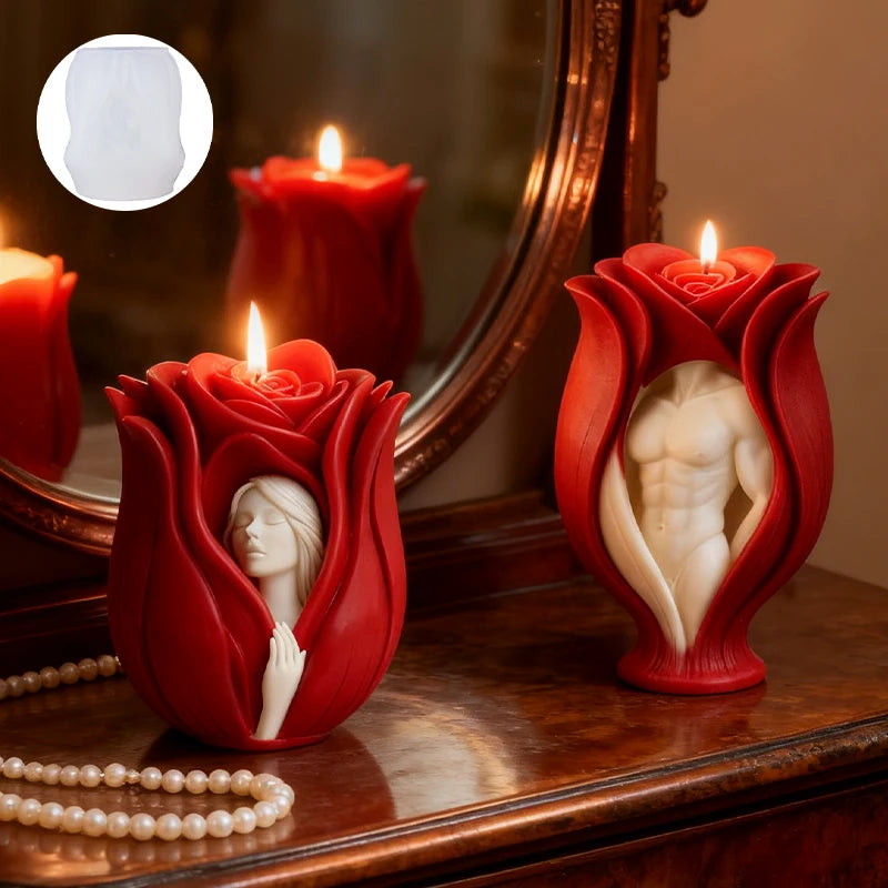 Red Rose Embossed Couple Candle Mold — Divine Lovers & Floral Pattern | Romantic Homemade Candle Making