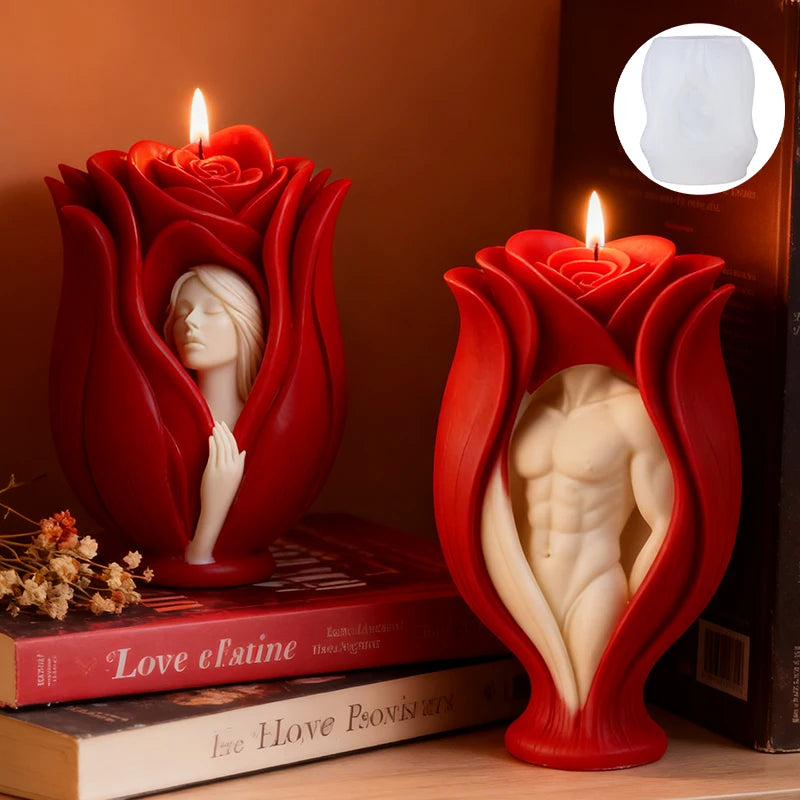 Red Rose Embossed Couple Candle Mold — Divine Lovers & Floral Pattern | Romantic Homemade Candle Making