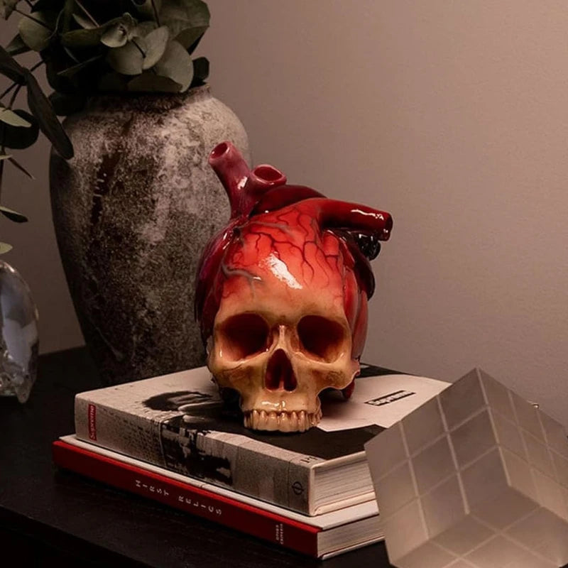 Skull Heart Resin Figurine — Gothic Fairy Tale Skull Statue for Dark Home & Desk Decor