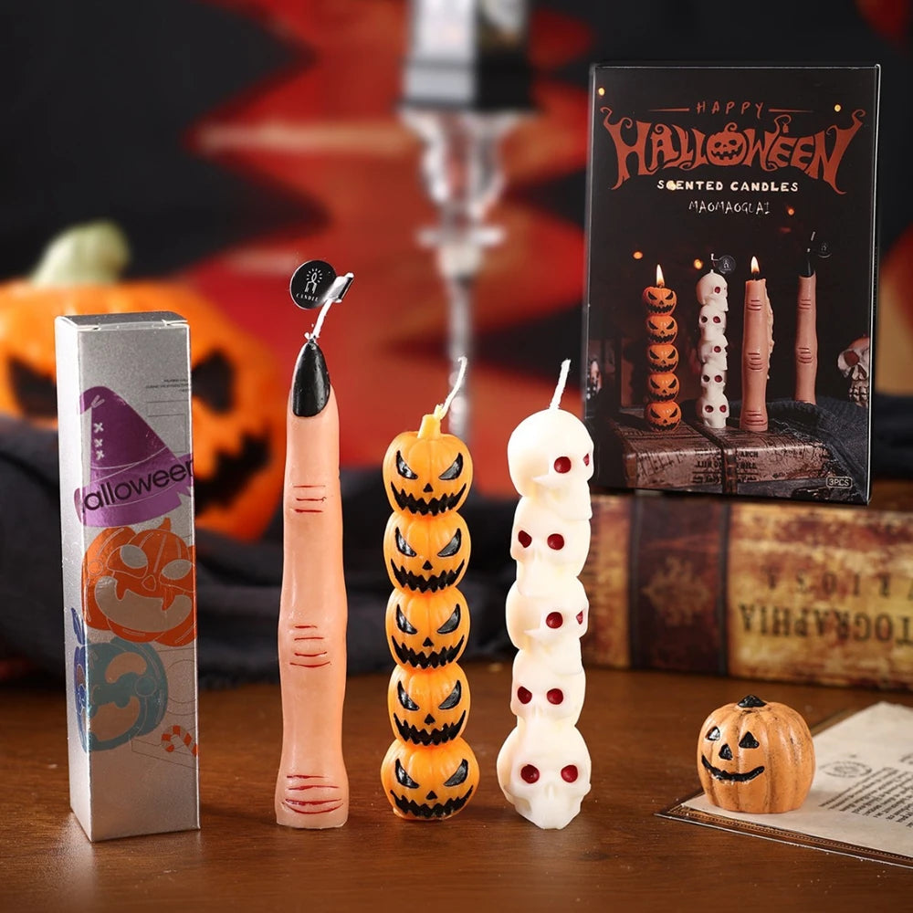 Halloween Aromatherapy Candle Set — Skull, Pumpkin & Bone Fingers | Soy Wax Scented Candles