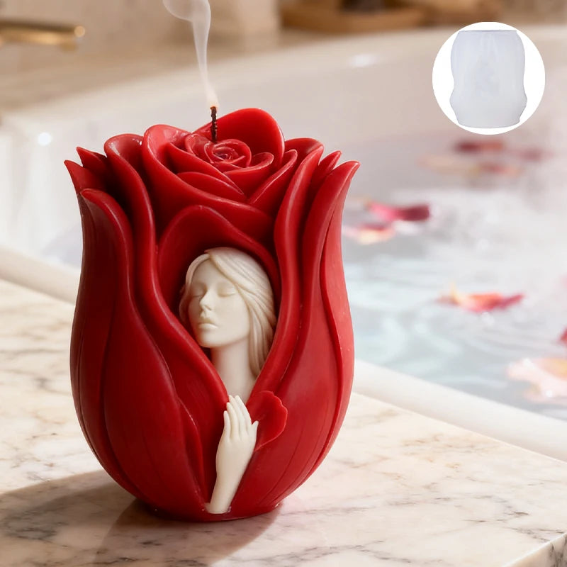 Red Rose Embossed Couple Candle Mold — Divine Lovers & Floral Pattern | Romantic Homemade Candle Making