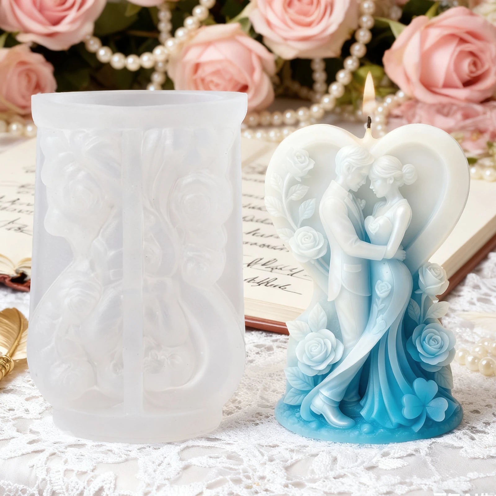 Heart & Rose Couple Candle Mold — Romantic Wedding & Gift Candle Making