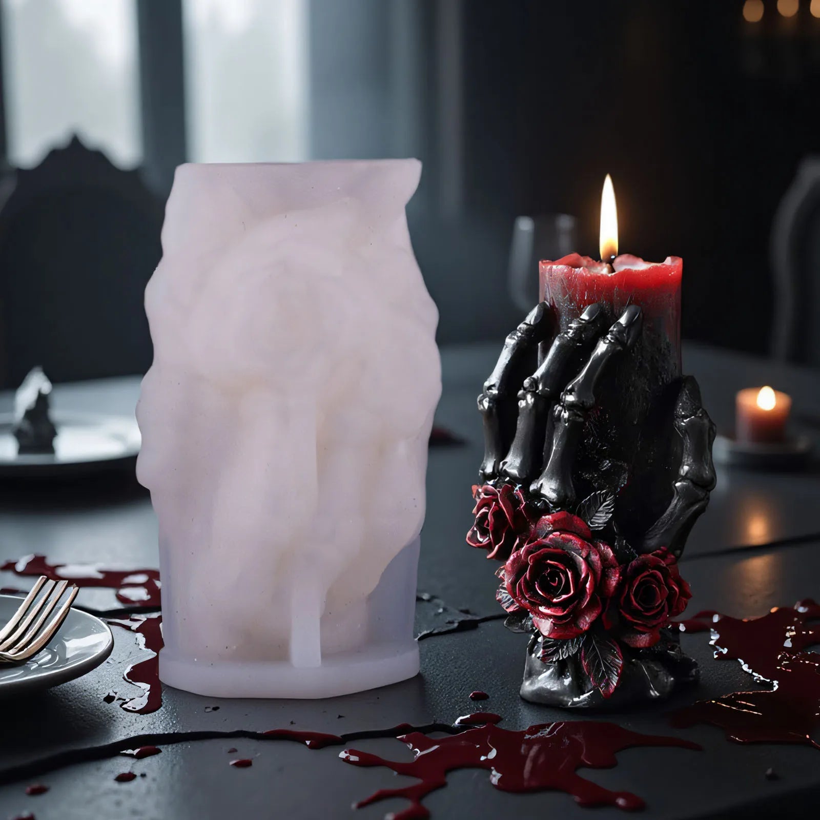 Skeleton Hand Rose Silicone Candle Mold — Gothic Skull & Bone DIY Soap Resin & Gypsum Craft Mold