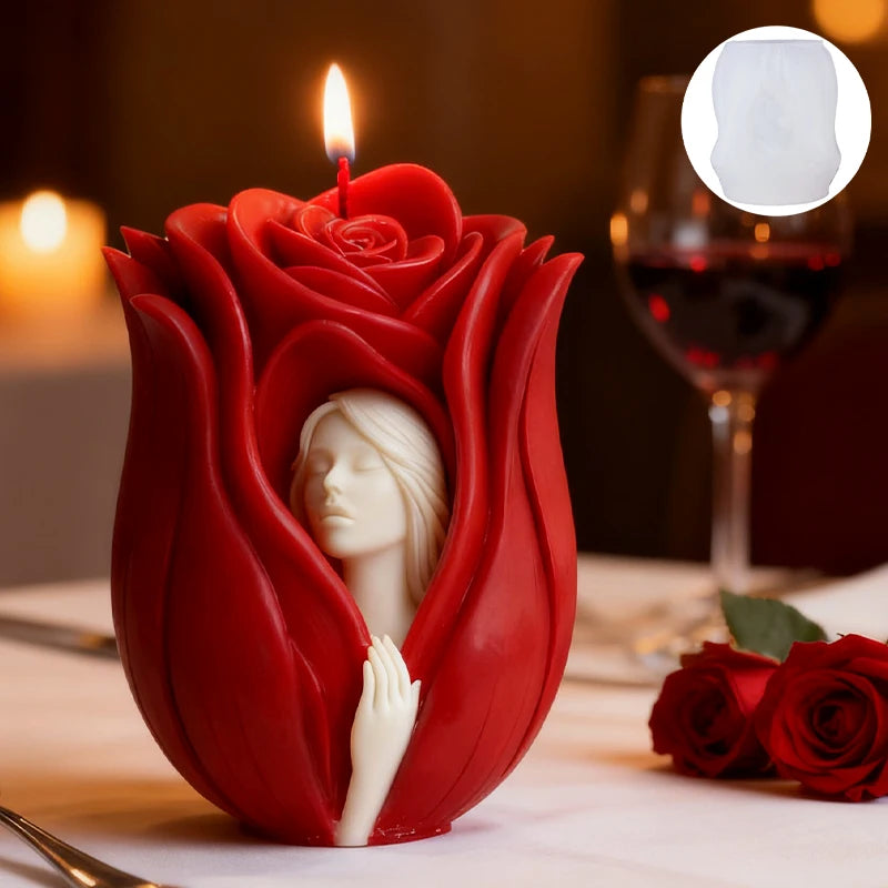Red Rose Embossed Couple Candle Mold — Divine Lovers & Floral Pattern | Romantic Homemade Candle Making