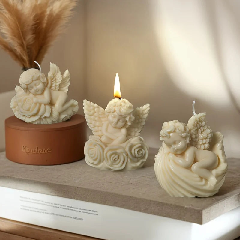 3D Cherub Angel & Rose Flower Silicone Candle Mold — DIY Winged Baby Angel Candle Resin & Gypsum Craft Mold