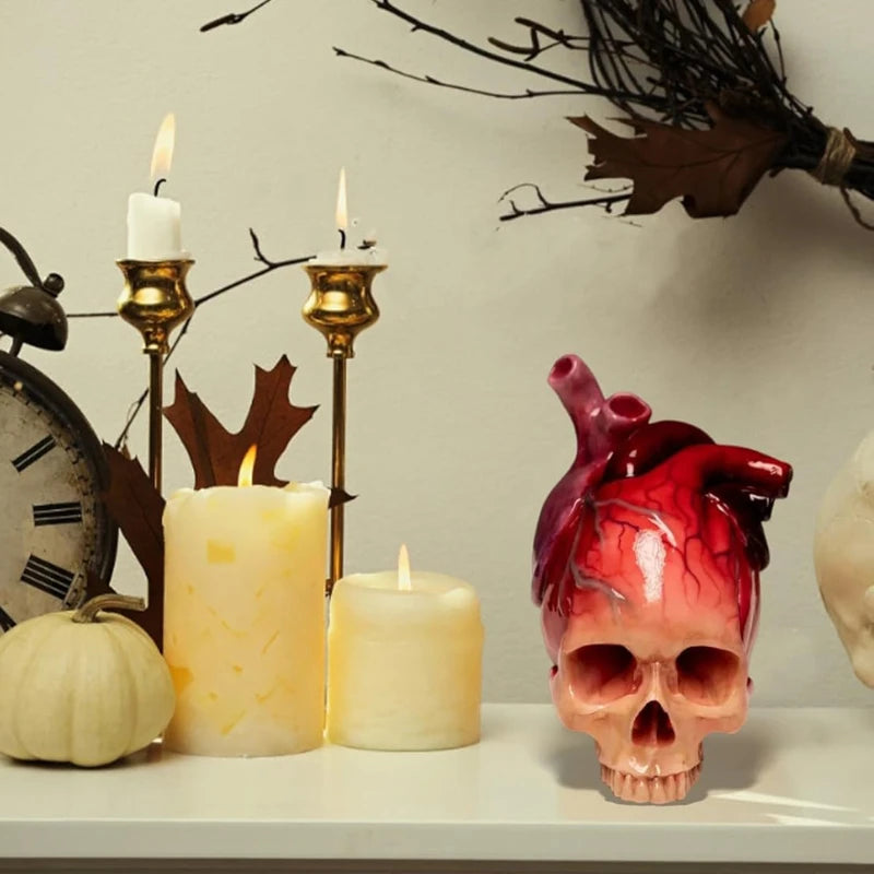 Skull Heart Resin Figurine — Gothic Fairy Tale Skull Statue for Dark Home & Desk Decor