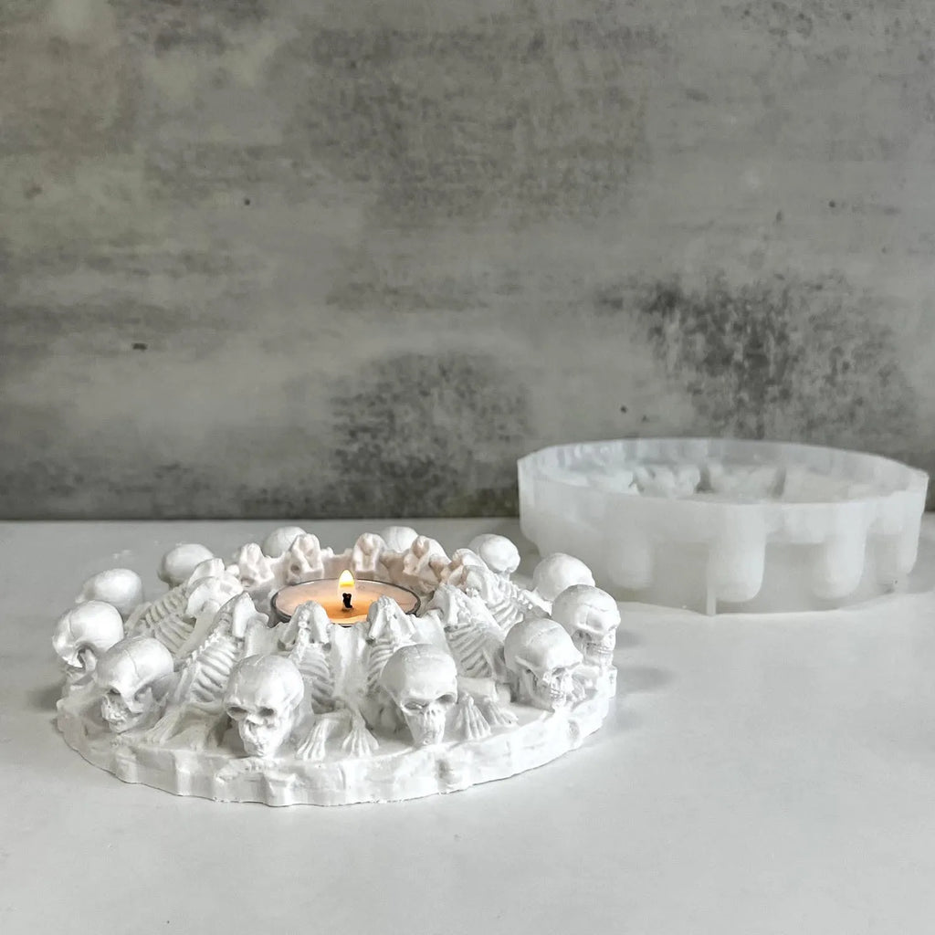 Skull Tea Light Candle Holder Silicone Mold — Gothic DIY Plaster & Resin Halloween Craft Mold