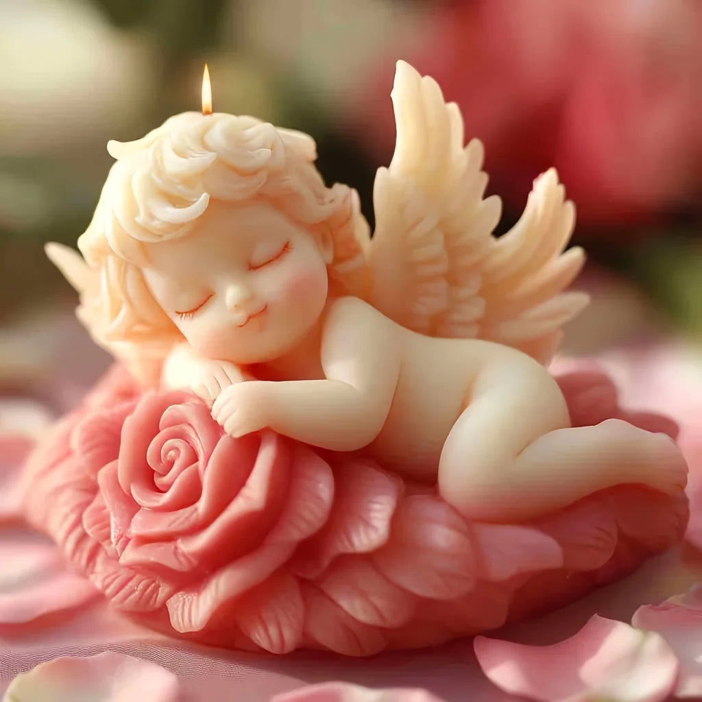 3D Cherub Angel & Rose Flower Silicone Candle Mold — DIY Winged Baby Angel Candle Resin & Gypsum Craft Mold