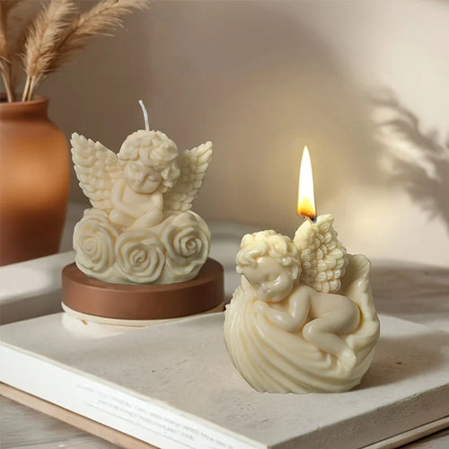 3D Cherub Angel & Rose Flower Silicone Candle Mold — DIY Winged Baby Angel Candle Resin & Gypsum Craft Mold