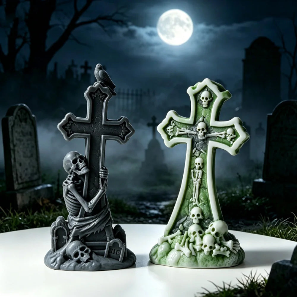 Skeleton Cross Tombstone Candle Mold | Gothic DIY Silicone Mould for Candles, Resin & Soap